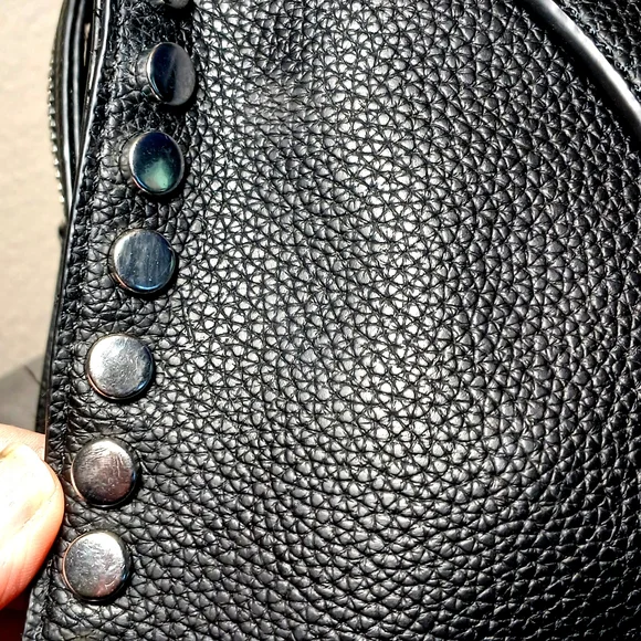 Pebbled Black Vegan Leather Studded Billet Biker Rocker Handbag Crossbody Bag - Picture 7 of 12